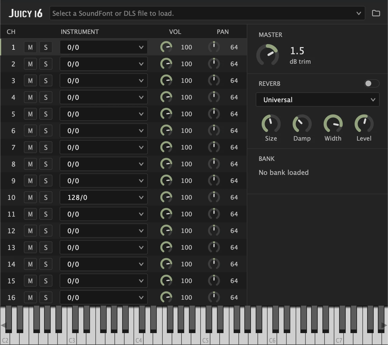The Juicy16 window: sixteen numbered channel rows, each with mute, solo, an instrument selector, a volume knob and a pan knob, with master trim, reverb controls and the loaded bank on the right, above a piano keyboard.